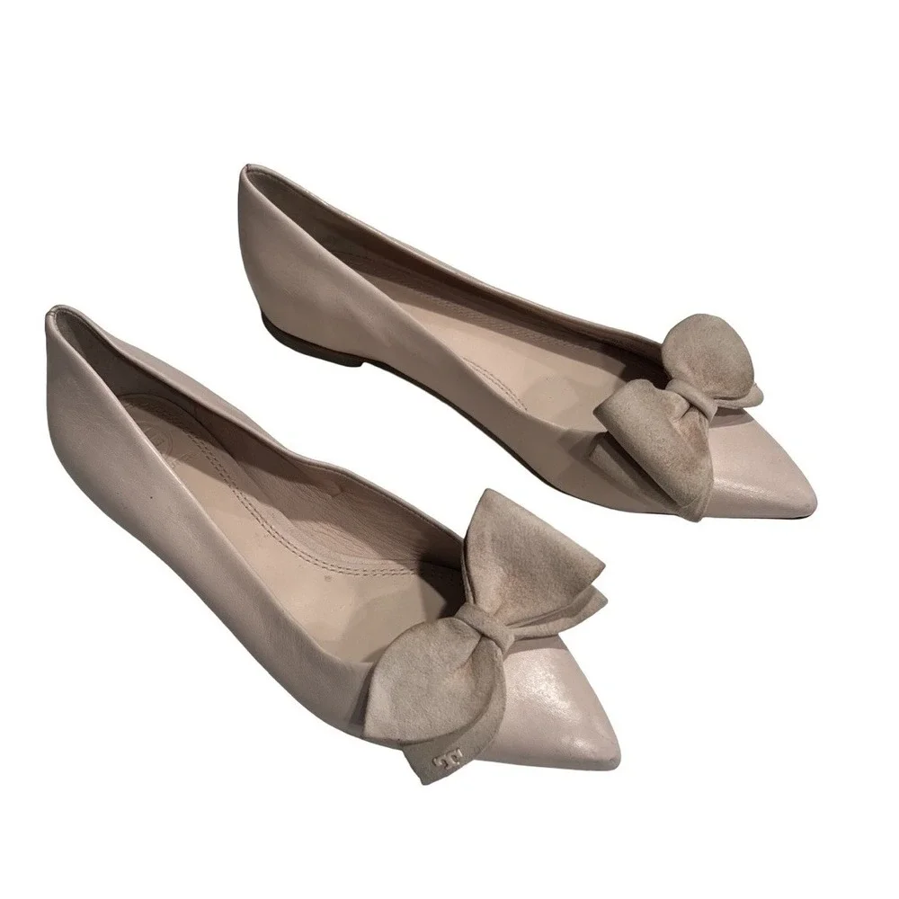 Tory Burch Rosalind Pink Suede‎ Leather Sole Bow Ballet Flats Size 6M 44412